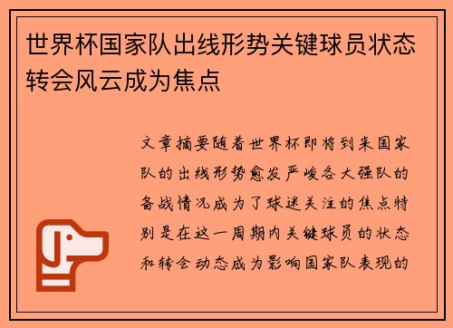 世界杯国家队出线形势关键球员状态转会风云成为焦点