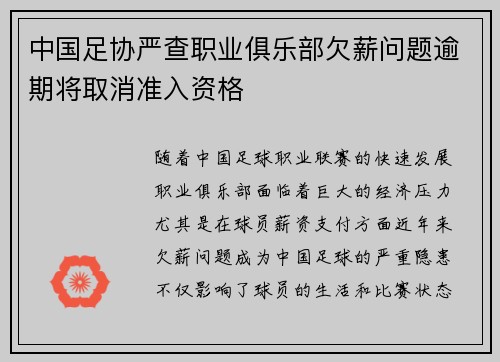 中国足协严查职业俱乐部欠薪问题逾期将取消准入资格